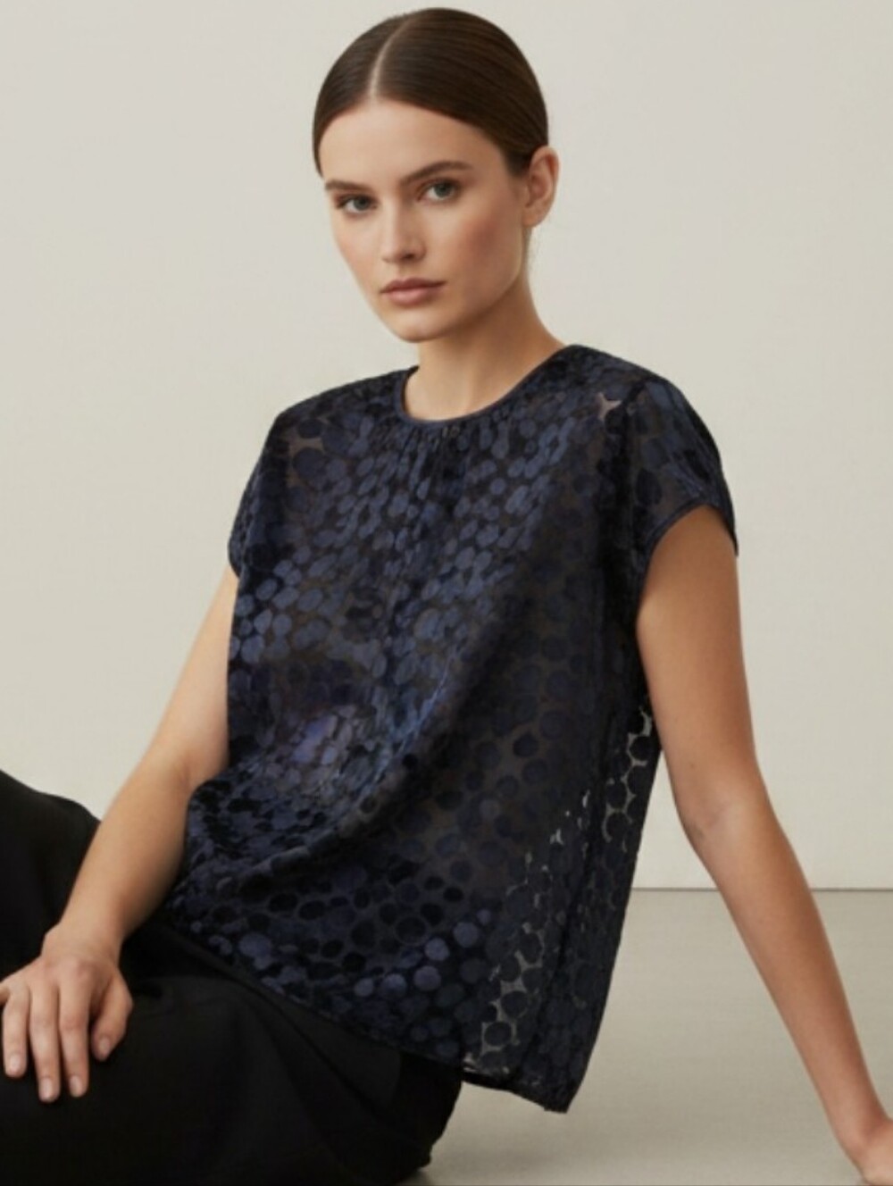 FACONNABLE France Sheer Black Polka Dot Puff Cap Sleeve Blouse Top Shirt M